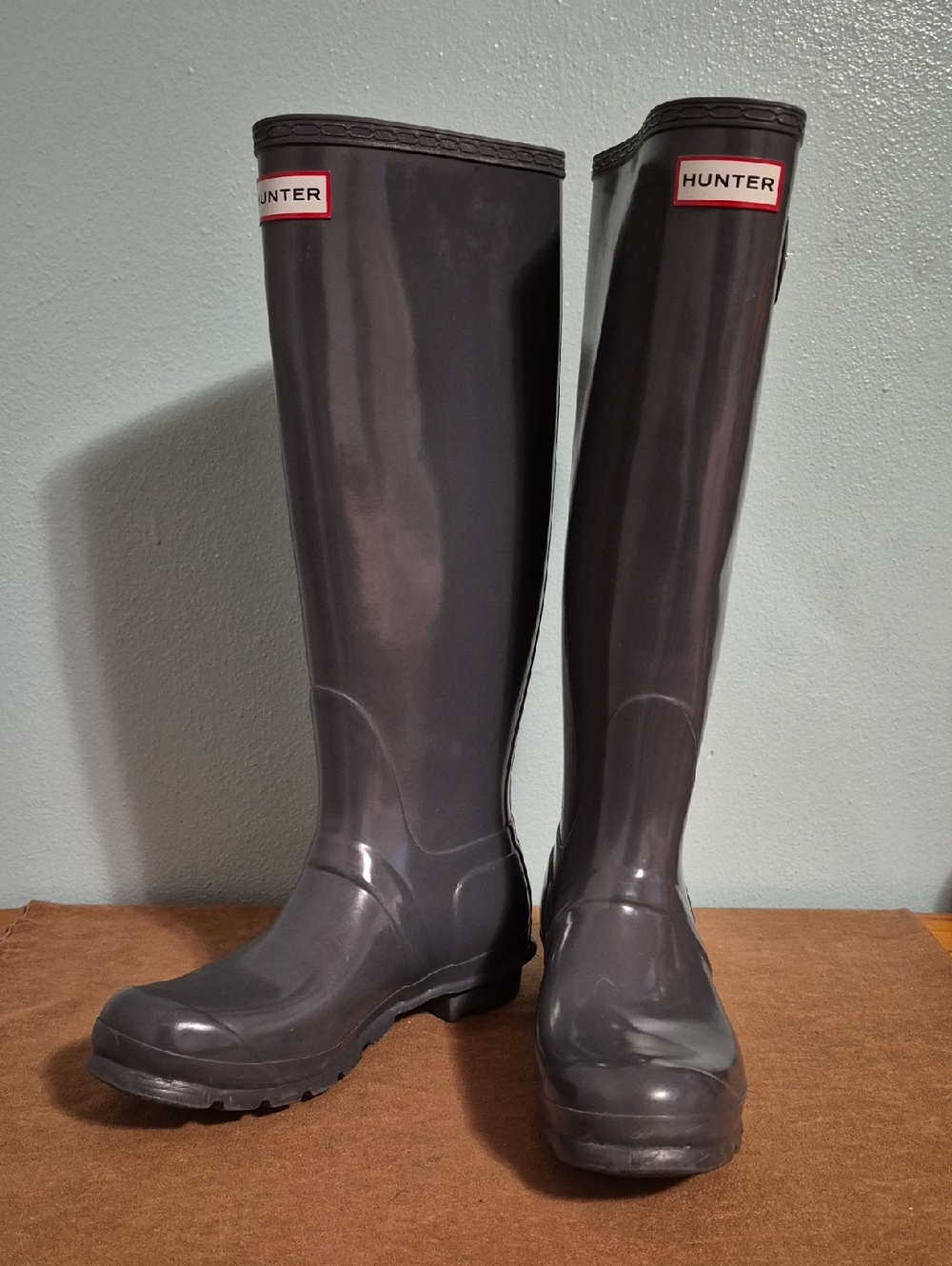 Tall Gray Hunter Boots Size 8 Glossy Rubber